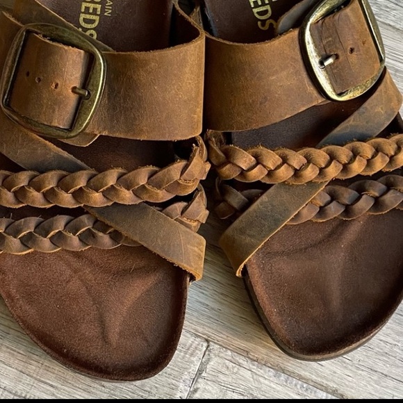 White Mountain Brown Leather Sandals Braided Straps Large Brass Buckle SZ 6 - Picture 13 of 14